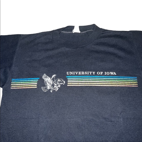 Vintage 80s University of Iowa Hawkeyes Black Single Stitch Shirt Rainbow - Picture 2 of 3